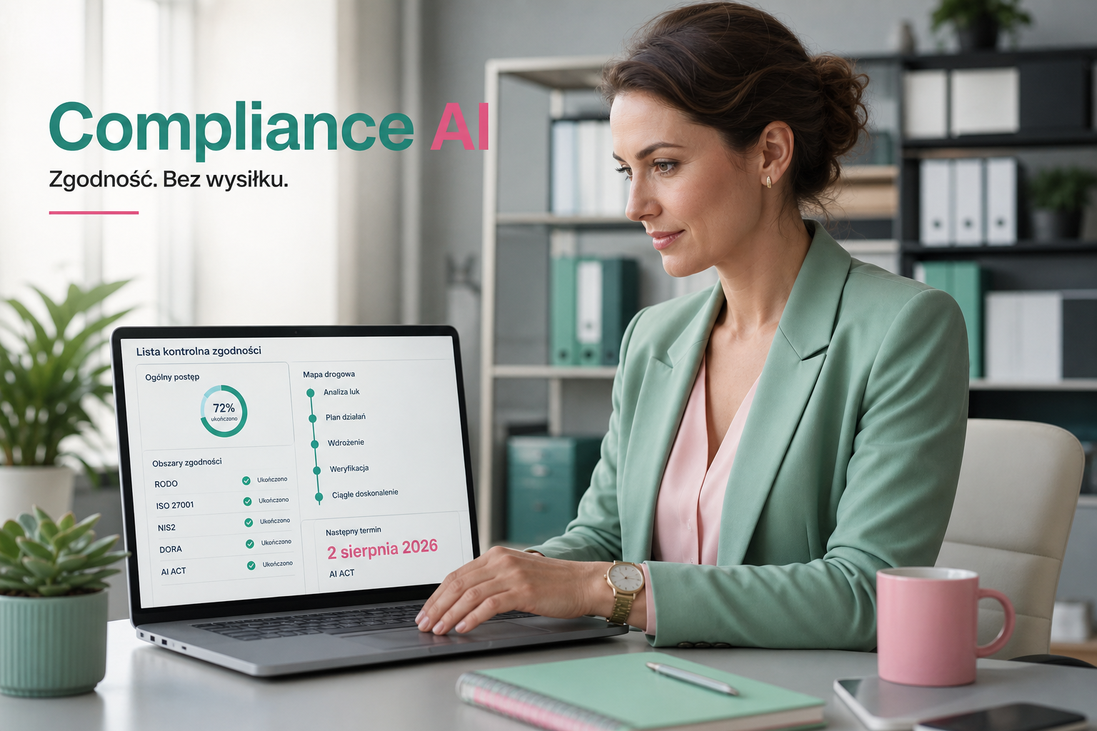 Bizneswoman analizuje checklistę compliance AI na laptopie z widoczną datą 2 sierpnia 2026