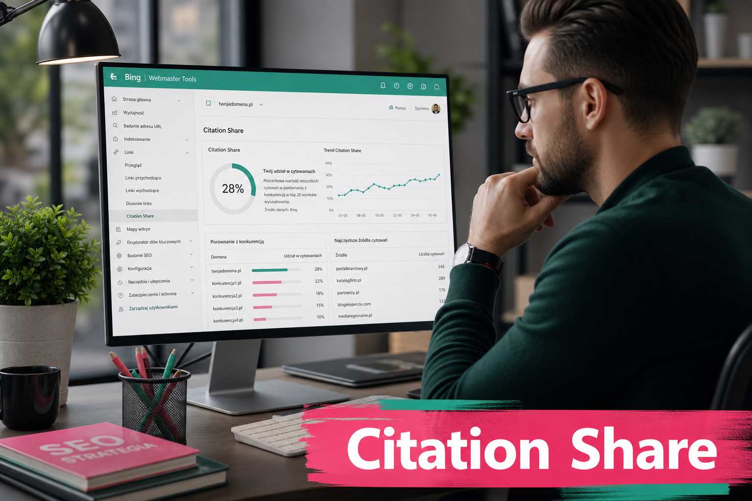 Specjalista SEO analizuje wskaźnik Citation Share w Bing Webmaster Tools na monitorze