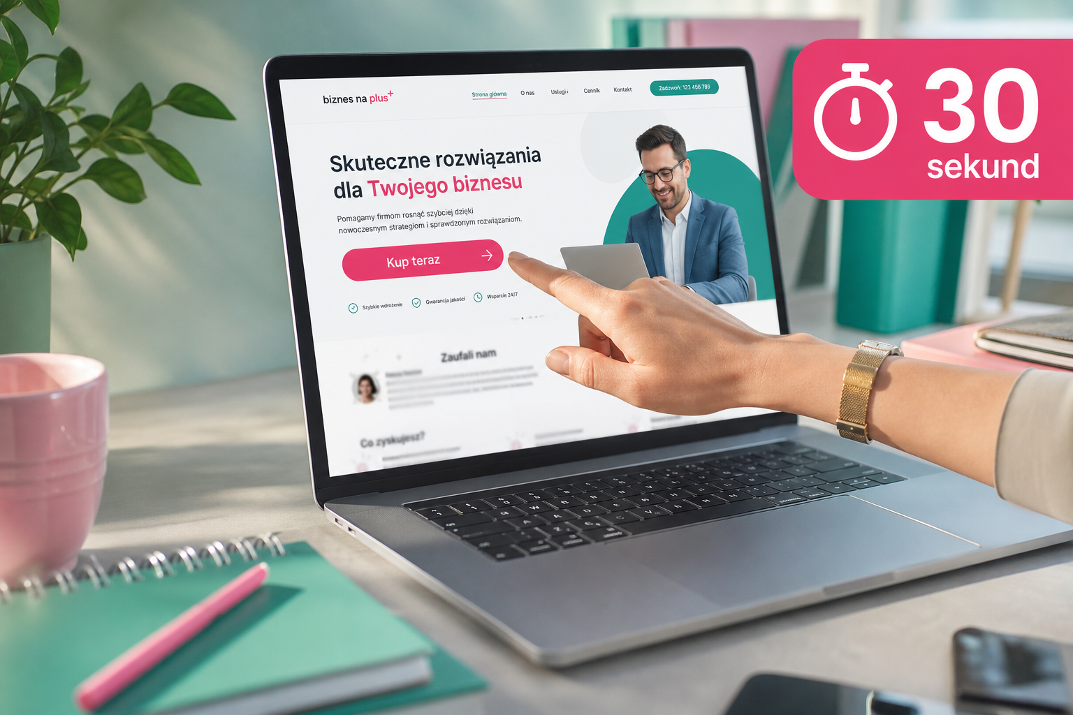 Laptop z widocznym przyciskiem 'Kup teraz' na górze strony, ręka sięga po kliknięcie, napis '30 sekund'