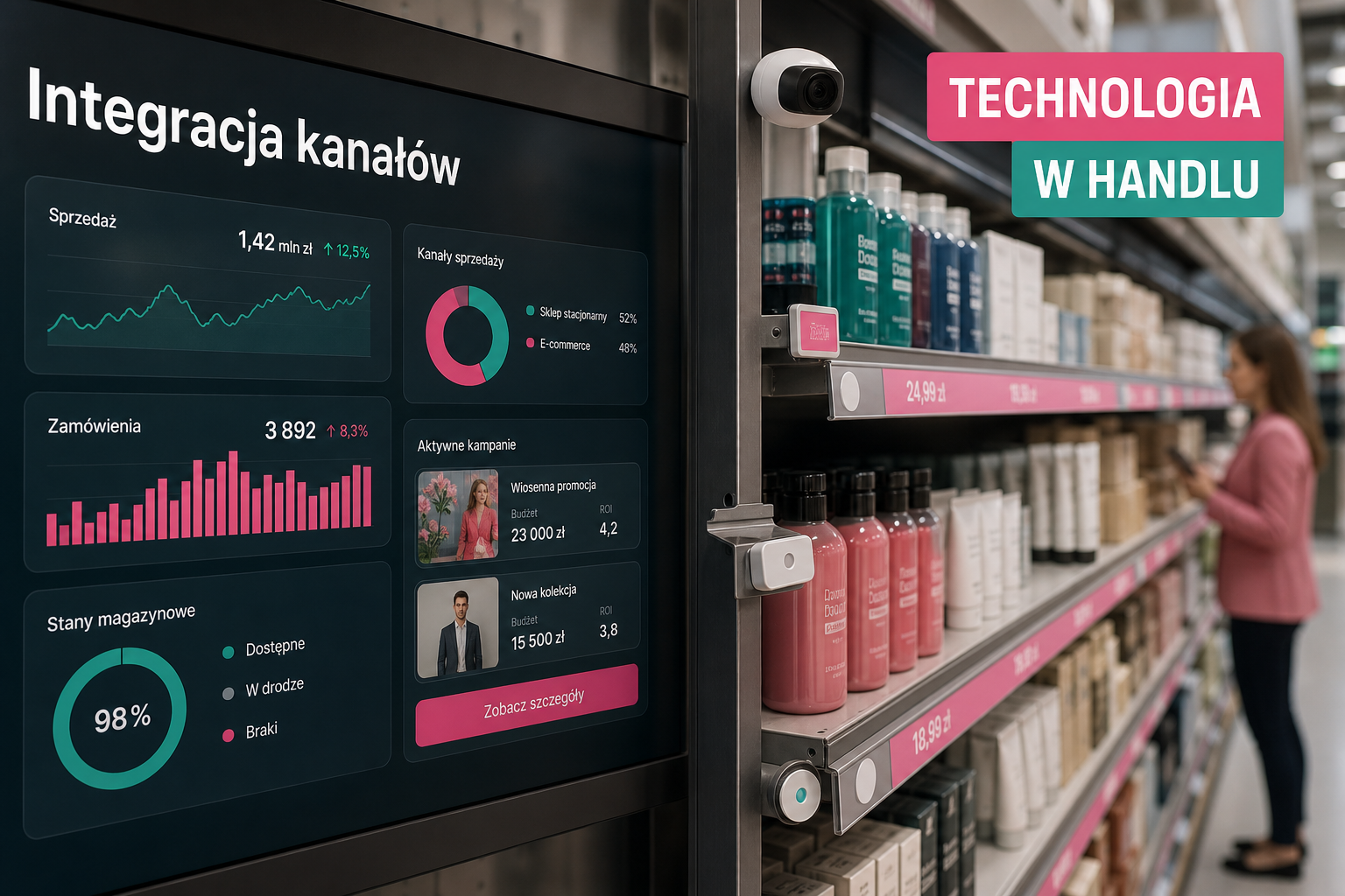 Połączenie ekranu e-commerce z fizyczną półką sklepową, integracja kanałów, AI monitoruje produkty