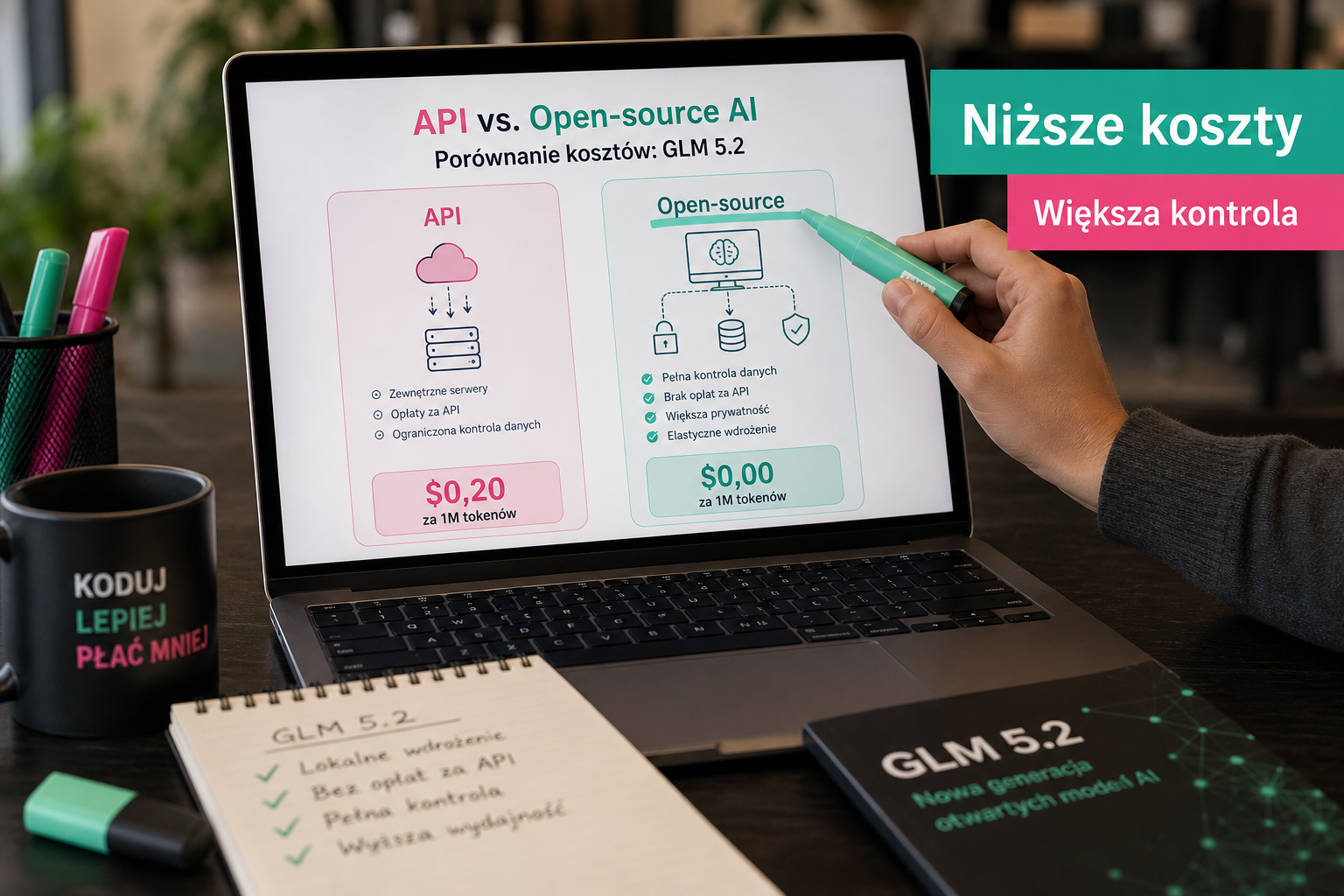Porównanie kosztów API i open-source AI (GLM 5.2) na ekranie laptopa w biurze