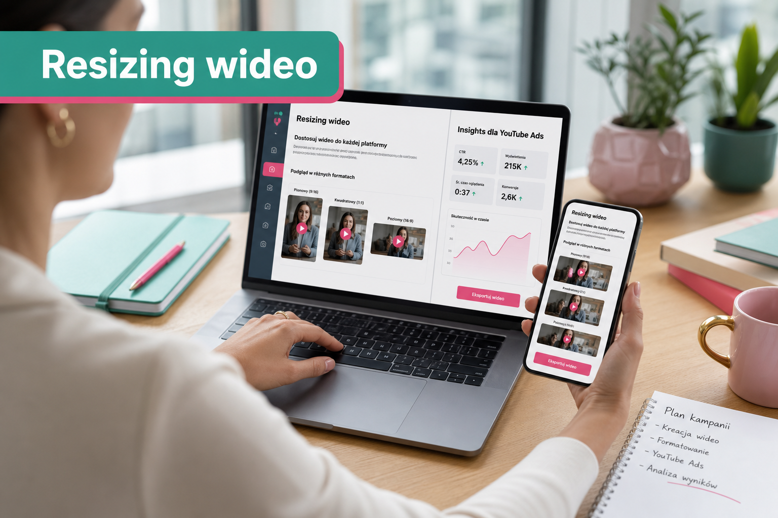 Marketer korzysta z narzędzi do zmiany formatu wideo na laptopie i smartfonie, akcenty mięta i róż