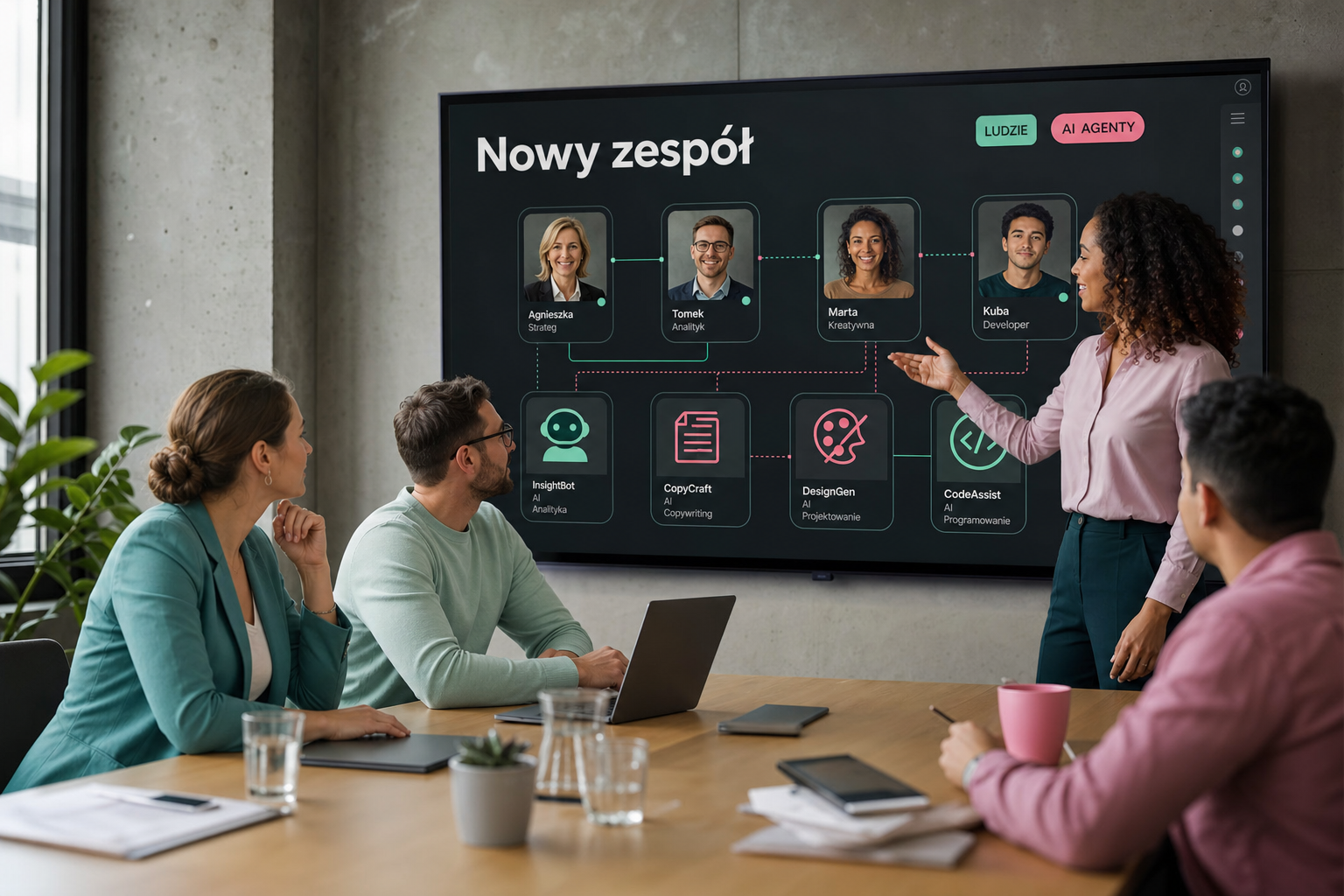 Zespół omawia współpracę ludzi i agentów AI, podpis: Nowy zespół