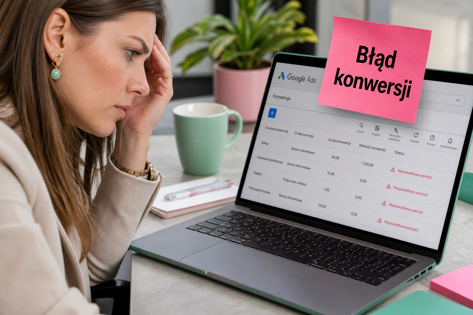 Marketerka sfrustrowana błędami konwersji w Google Ads na ekranie laptopa