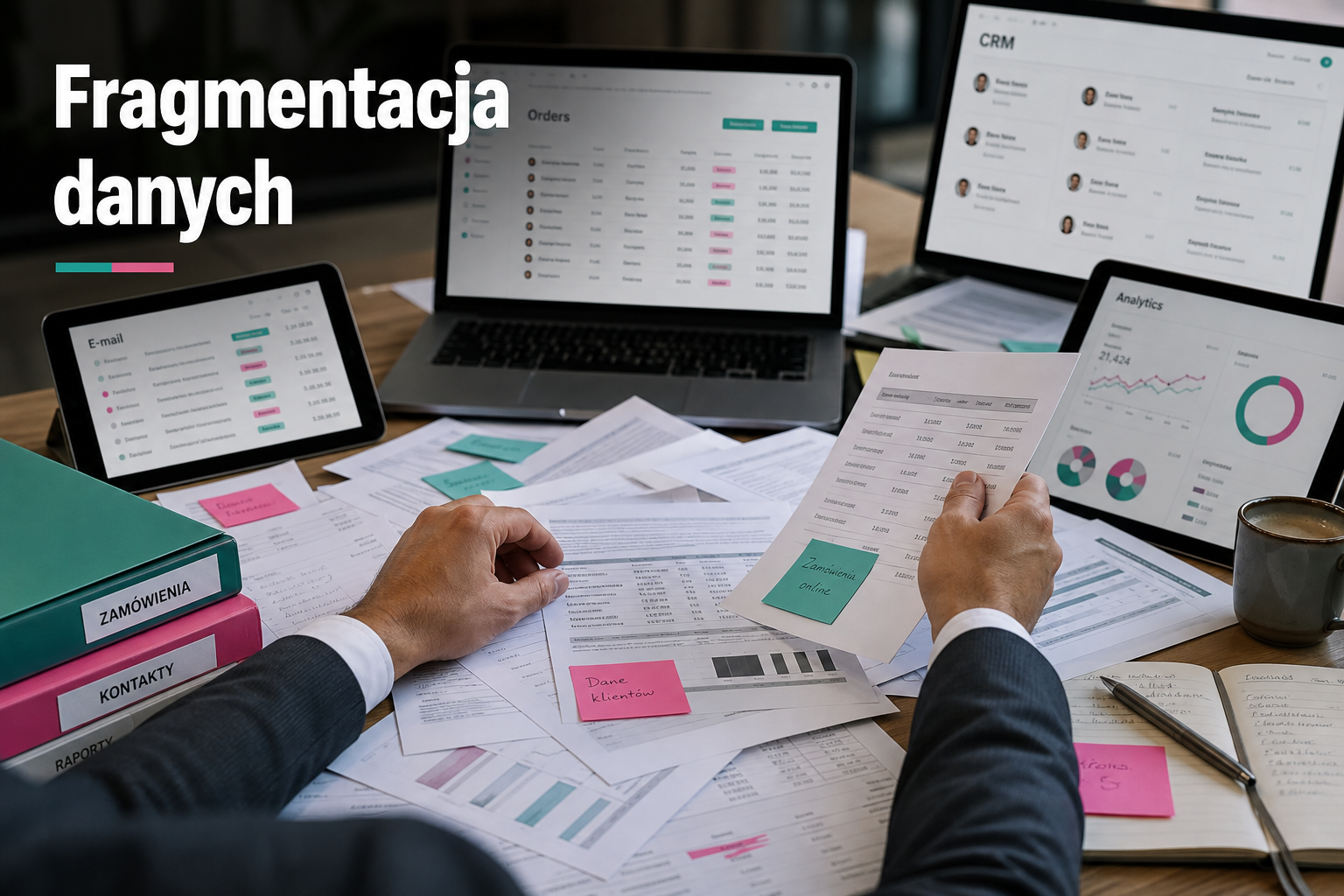 Ręce biznesmena przeglądają rozproszone dane klientów na ekranach i dokumentach, napis: Fragmentacja danych