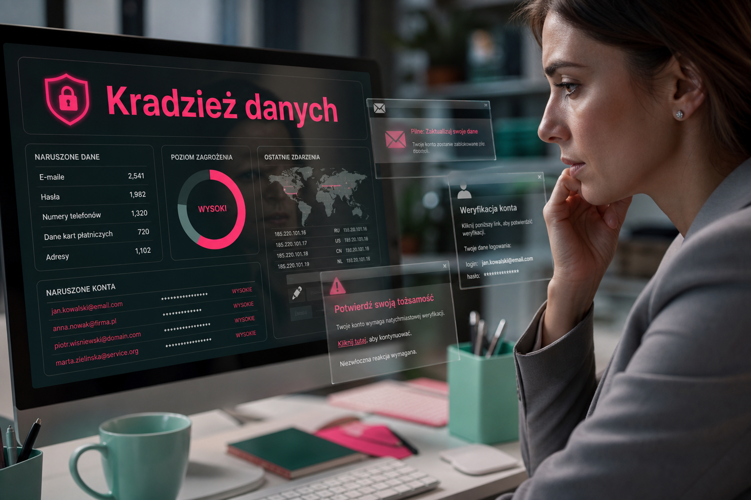 Bizneswoman analizuje alert o wycieku danych na ekranie, widoczne dane osobowe