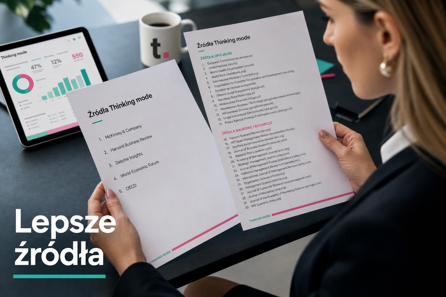 Bizneswoman porównuje raporty z cytowaniami, widoczny napis Źródła Thinking mode