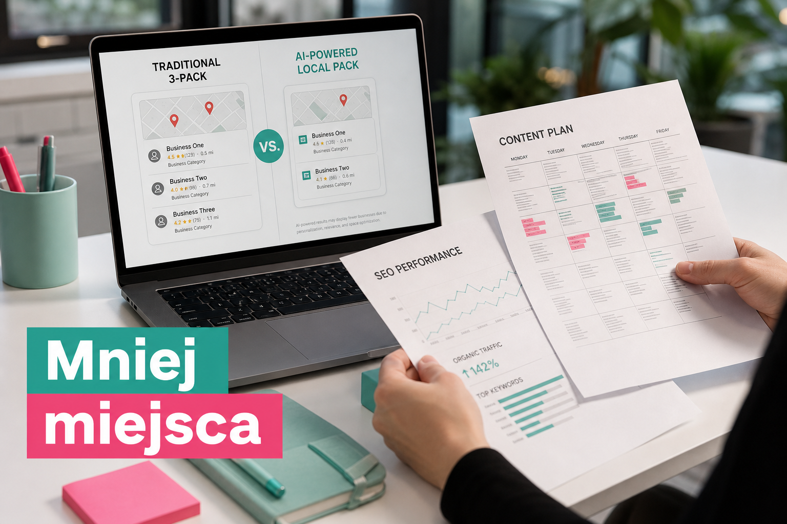 Porównanie AI local pack i tradycyjnego 3-pack na wykresie, mniej firm w wynikach