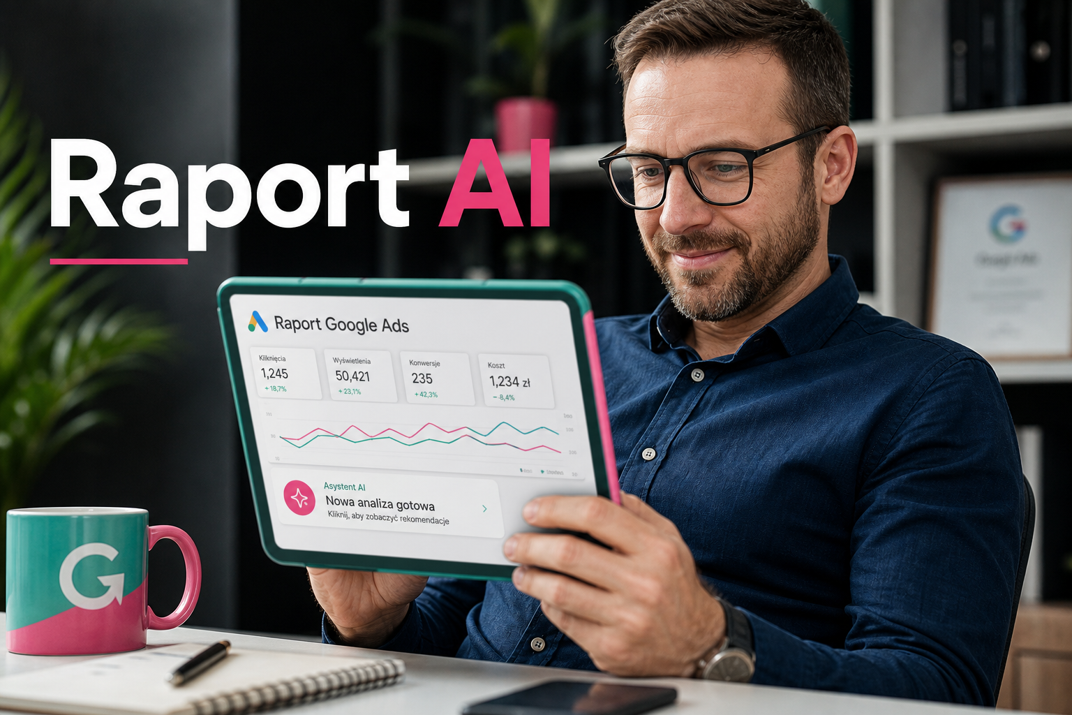 Właściciel firmy analizuje automatyczny raport Google Ads na tablecie, powiadomienie AI