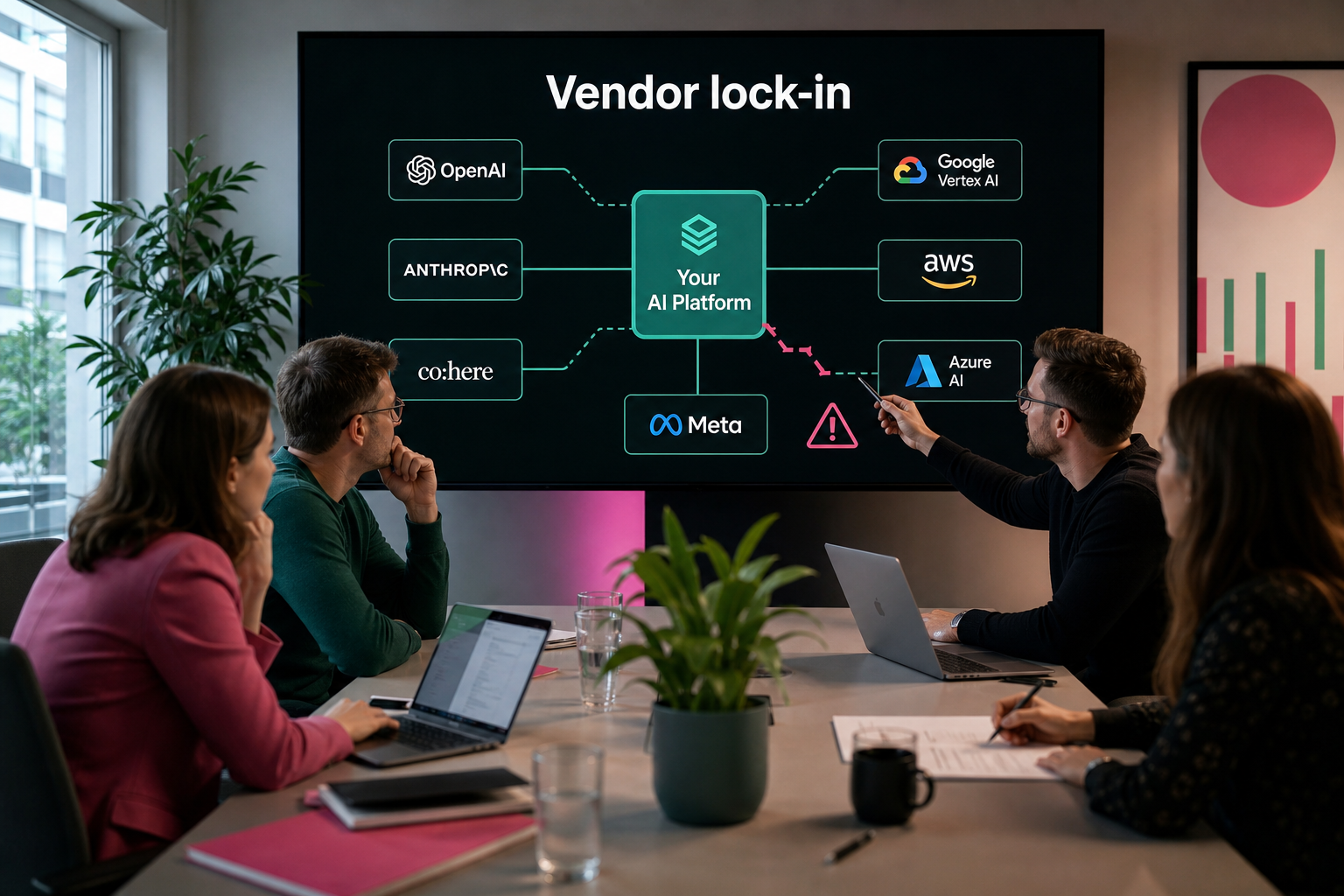Zespół IT omawia ryzyko vendor lock-in, ekran z przerwanym połączeniem AI