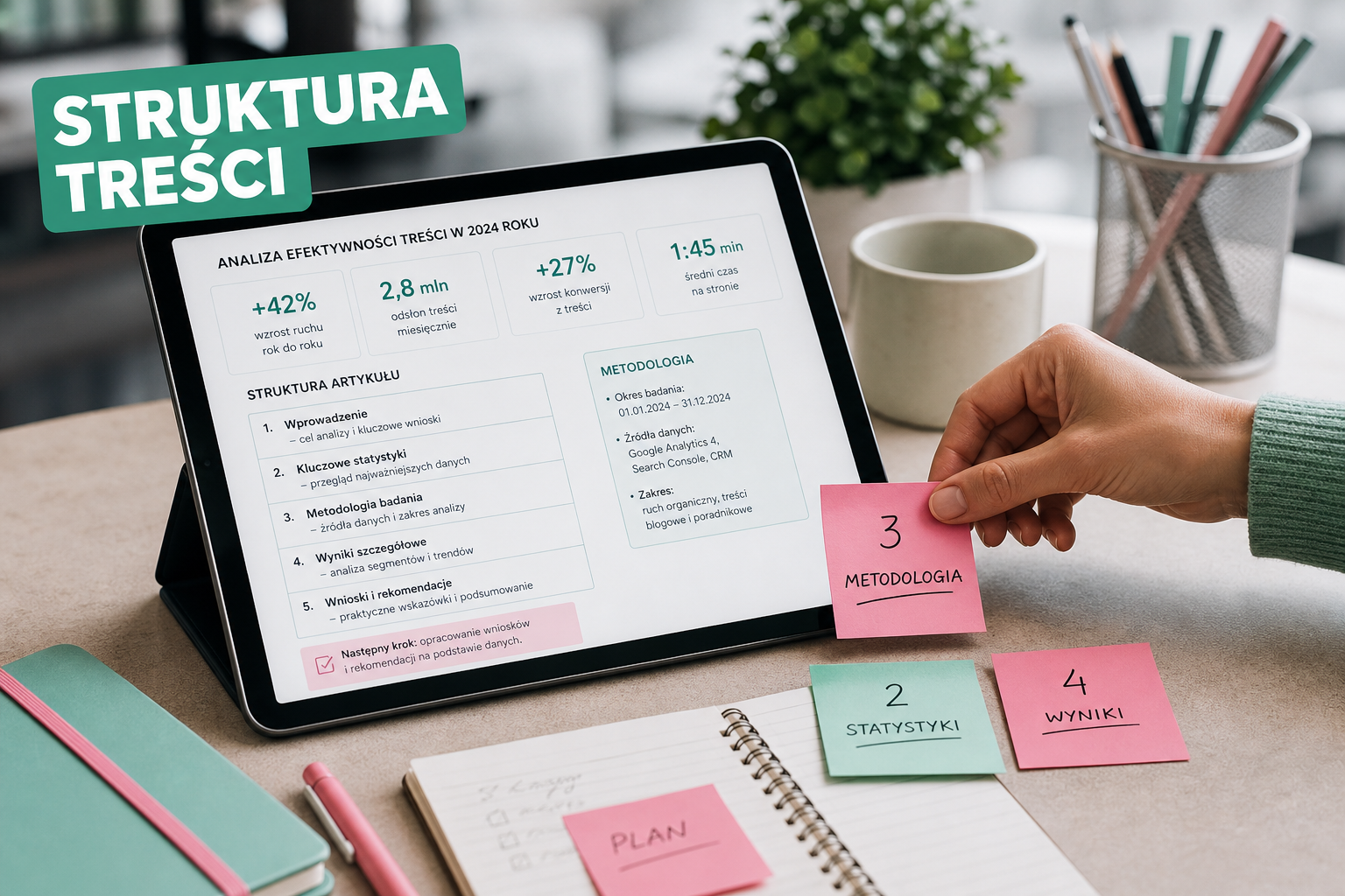 Tablet z artykułem i wyróżnionymi liczbami, tekst: Struktura treści