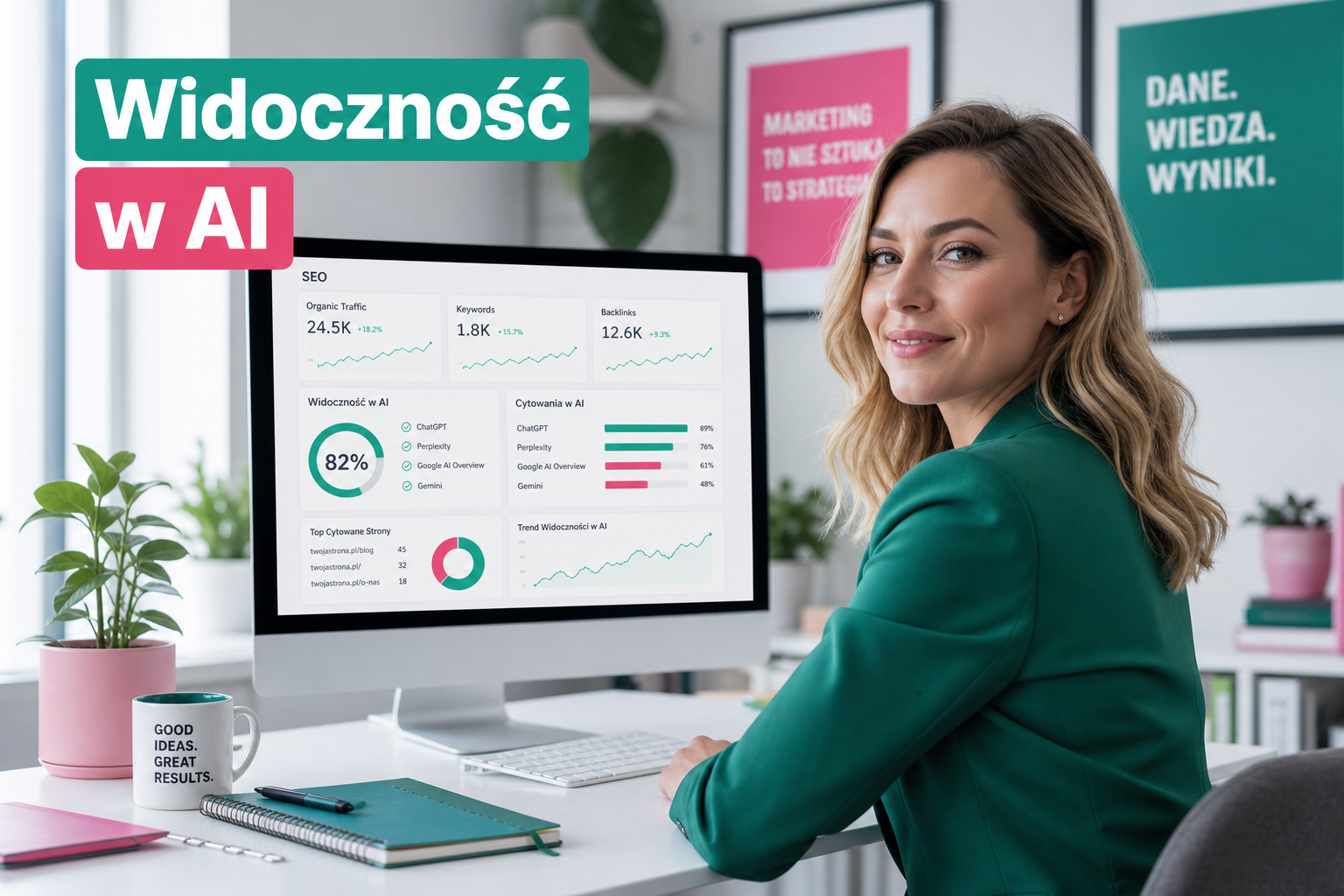 Marketer analizuje dashboard SEO i cytowania AI, napis Widoczność w AI